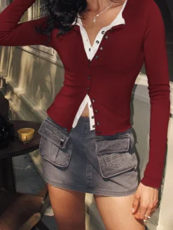COMMENSE 2 in 1 Button Jersey Blouse* Blouses & Shirts|Tops