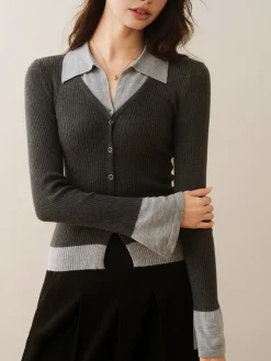 COMMENSE 2 in 1 Color Block Knit Top* Sweater Tops|Sweaters & Cardigans