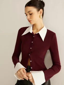 COMMENSE 2 in 1 Contrast Binding Button Shirt* Blouses & Shirts|Tops