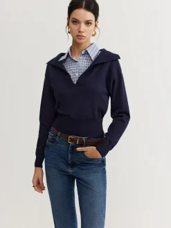 COMMENSE 2 in 1 Leisure Lapel Knit Top* Sweater Tops|Sweaters & Cardigans