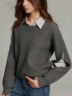 COMMENSE 2 in 1 Ribbed Cutout Sweater* Sweater Tops|Sweaters & Cardigans