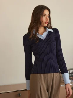 COMMENSE 2 in 1 Slim Polo Sweater* Sweater Tops|Sweaters & Cardigans