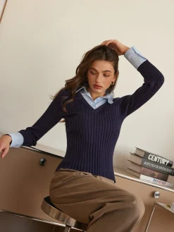 COMMENSE 2 in 1 Slim Polo Sweater* Sweater Tops|Sweaters & Cardigans