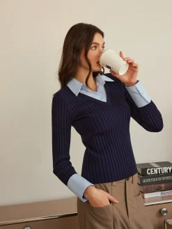 COMMENSE 2 in 1 Slim Polo Sweater* Sweater Tops|Sweaters & Cardigans