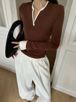 COMMENSE 2 in 1  V-Neck Contrast Trim Jersey Top* T-shirts|Tops