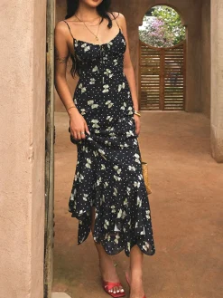 COMMENSE A Line Floral Dress* Black Dresses|Casual Dresses