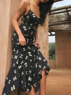 COMMENSE A Line Floral Dress* Black Dresses|Casual Dresses