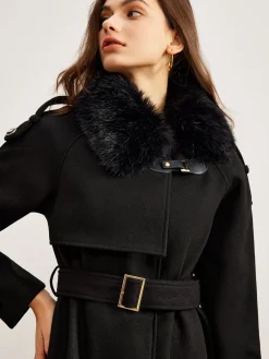 COMMENSE Adjustable Fur-Collar Belted Trench Coat* Outerwear|Coats