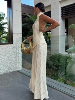 COMMENSE Asymmetric Halter Crop Top With Wide Leg Pants Set* Pants Sets|Wide Leg