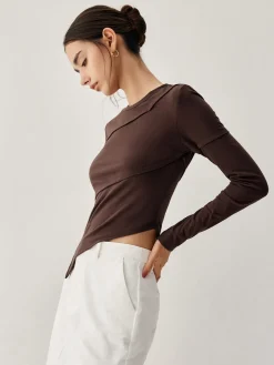 COMMENSE Asymmetric Hem Piping Long Sleeve Top* T-shirts|Tops