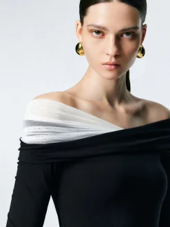COMMENSE Asymmetric Off Shoulder Long Sleeve Mesh Top* T-shirts|Tops