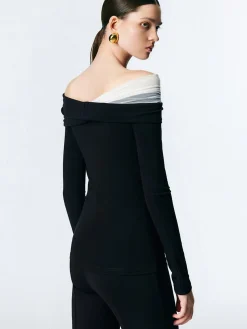 COMMENSE Asymmetric Off Shoulder Long Sleeve Mesh Top* T-shirts|Tops