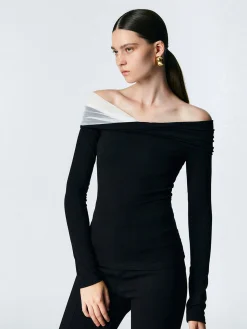 COMMENSE Asymmetric Off Shoulder Long Sleeve Mesh Top* T-shirts|Tops