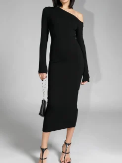 COMMENSE Asymmetric Off Shoulder Long Sleeve Midi Dress* Black Dresses|Sweater Dresses