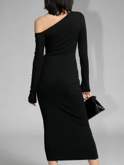COMMENSE Asymmetric Off Shoulder Long Sleeve Midi Dress* Black Dresses|Sweater Dresses