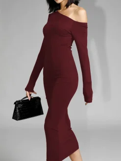 COMMENSE Asymmetric Off Shoulder Long Sleeve Midi Dress* Black Dresses|Sweater Dresses