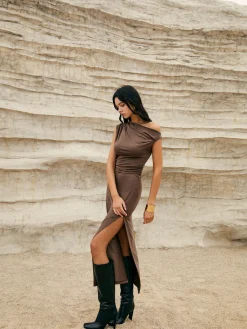 COMMENSE Asymmetric One-Shoulder Split Knit Long Dress* Casual Dresses|Work Dresses