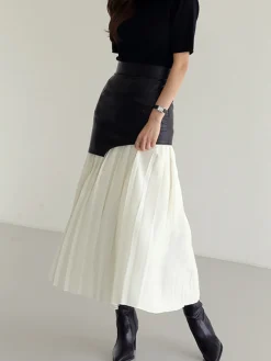 COMMENSE Asymmetric Patchwork Faux Leather Chiffon Pleated Midi Skirt* Skirts|Bottoms