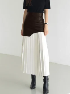 COMMENSE Asymmetric Patchwork Faux Leather Chiffon Pleated Midi Skirt* Skirts|Bottoms