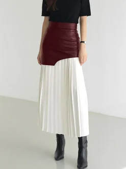 COMMENSE Asymmetric Patchwork Faux Leather Chiffon Pleated Midi Skirt* Skirts|Bottoms
