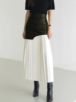 COMMENSE Asymmetric Patchwork Faux Leather Chiffon Pleated Midi Skirt* Skirts|Bottoms