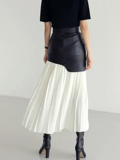 COMMENSE Asymmetric Patchwork Faux Leather Chiffon Pleated Midi Skirt* Skirts|Bottoms