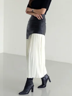 COMMENSE Asymmetric Patchwork Faux Leather Chiffon Pleated Midi Skirt* Skirts|Bottoms
