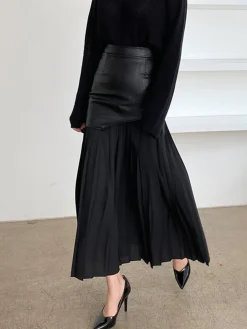 COMMENSE Asymmetric Patchwork Faux Leather Chiffon Pleated Midi Skirt* Skirts|Bottoms