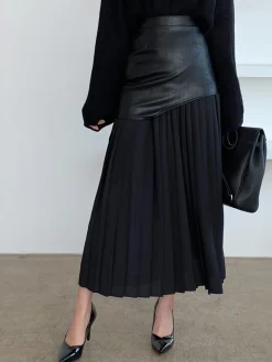 COMMENSE Asymmetric Patchwork Faux Leather Chiffon Pleated Midi Skirt* Skirts|Bottoms