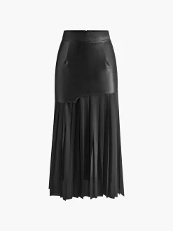 COMMENSE Asymmetric Patchwork Faux Leather Chiffon Pleated Midi Skirt* Skirts|Bottoms