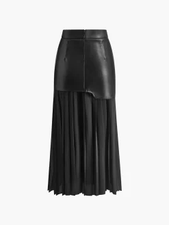 COMMENSE Asymmetric Patchwork Faux Leather Chiffon Pleated Midi Skirt* Skirts|Bottoms
