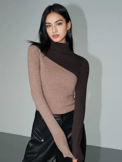COMMENSE Asymmetric Patchwork Long Sleeve Mock Neck Knit Top* Sweater Tops|Sweaters & Cardigans