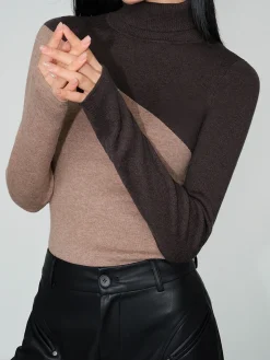 COMMENSE Asymmetric Patchwork Long Sleeve Mock Neck Knit Top* Sweater Tops|Sweaters & Cardigans