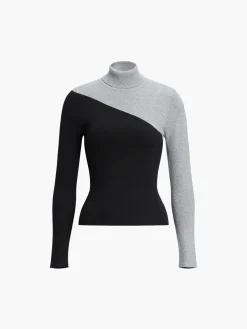 COMMENSE Asymmetric Patchwork Long Sleeve Mock Neck Knit Top* Sweater Tops|Sweaters & Cardigans