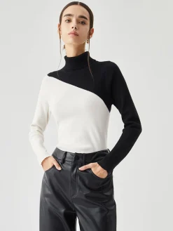 COMMENSE Asymmetric Patchwork Long Sleeve Mock Neck Knit Top* Sweater Tops|Sweaters & Cardigans