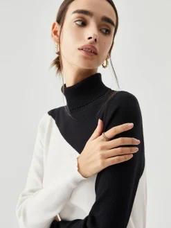 COMMENSE Asymmetric Patchwork Long Sleeve Mock Neck Knit Top* Sweater Tops|Sweaters & Cardigans
