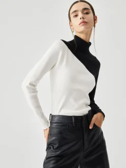 COMMENSE Asymmetric Patchwork Long Sleeve Mock Neck Knit Top* Sweater Tops|Sweaters & Cardigans