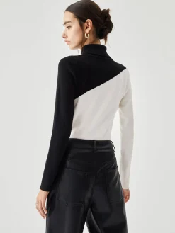 COMMENSE Asymmetric Patchwork Long Sleeve Mock Neck Knit Top* Sweater Tops|Sweaters & Cardigans