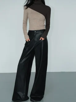 COMMENSE Asymmetric Patchwork Long Sleeve Mock Neck Knit Top* Sweater Tops|Sweaters & Cardigans