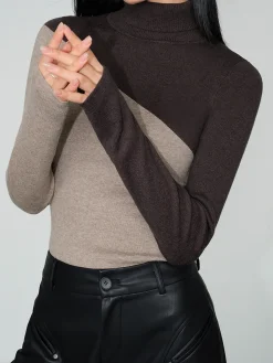 COMMENSE Asymmetric Patchwork Long Sleeve Mock Neck Knit Top* Sweater Tops|Sweaters & Cardigans