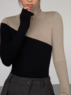 COMMENSE Asymmetric Patchwork Long Sleeve Mock Neck Knit Top* Sweater Tops|Sweaters & Cardigans