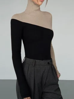 COMMENSE Asymmetric Patchwork Long Sleeve Mock Neck Knit Top* Sweater Tops|Sweaters & Cardigans