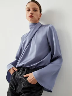 COMMENSE Asymmetric Pleated Turtleneck Satin Shirt* Blouses & Shirts|Tops
