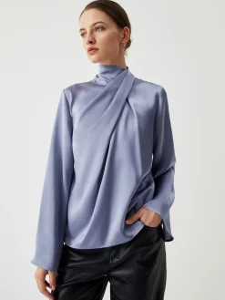 COMMENSE Asymmetric Pleated Turtleneck Satin Shirt* Blouses & Shirts|Tops