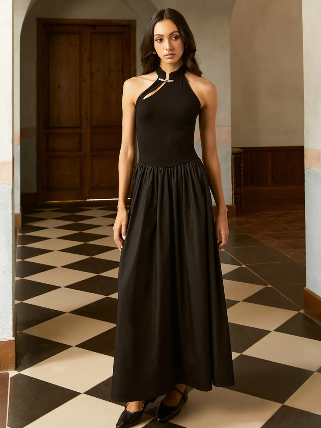 COMMENSE Asymmetric Pockets Cold Shoulder Pleated Long Dress* Black Dresses|Casual Dresses