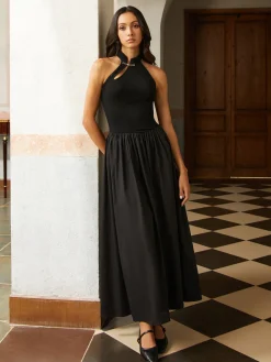 COMMENSE Asymmetric Pockets Cold Shoulder Pleated Long Dress* Black Dresses|Casual Dresses