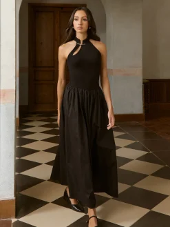 COMMENSE Asymmetric Pockets Cold Shoulder Pleated Long Dress* Black Dresses|Casual Dresses