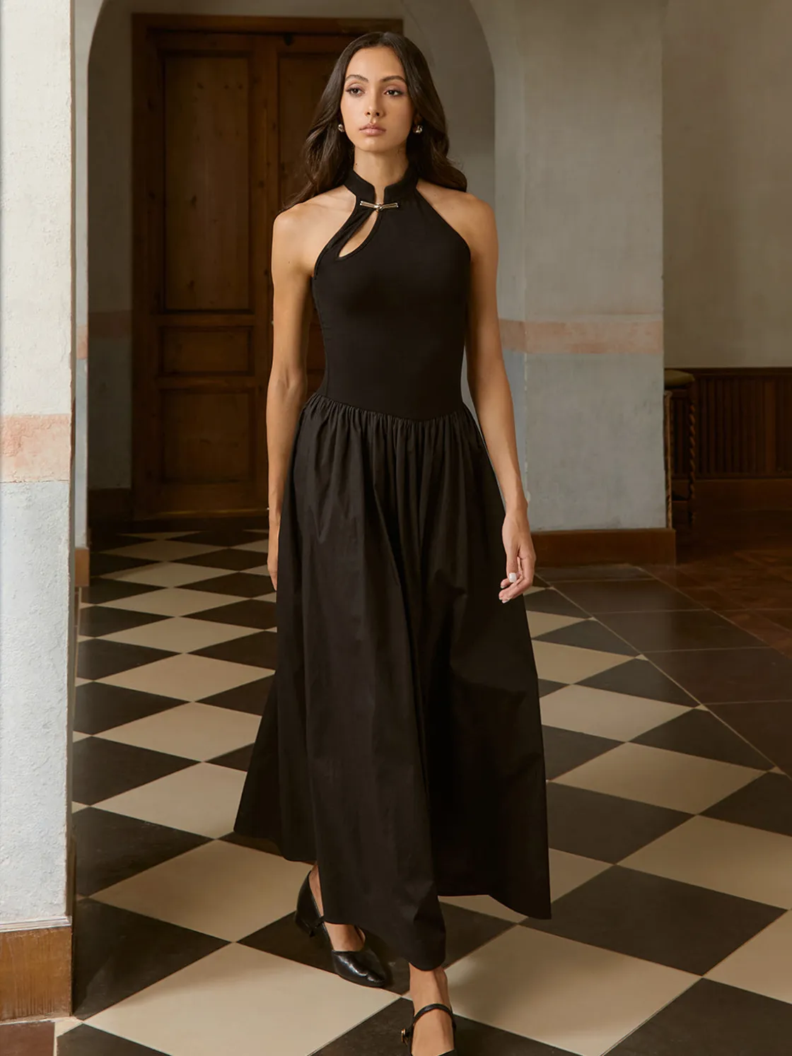 COMMENSE Asymmetric Pockets Cold Shoulder Pleated Long Dress* Black Dresses|Casual Dresses