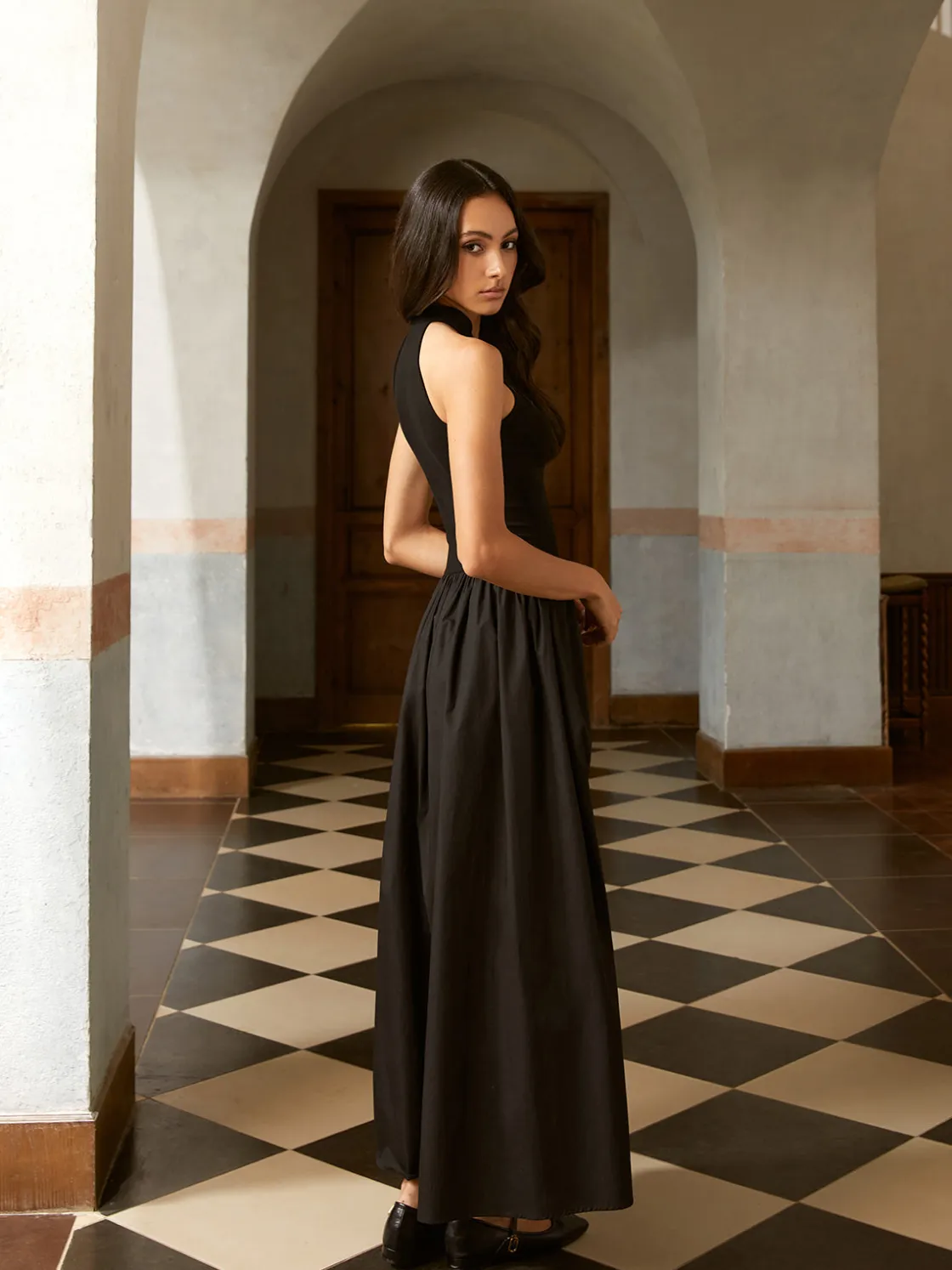 COMMENSE Asymmetric Pockets Cold Shoulder Pleated Long Dress* Black Dresses|Casual Dresses