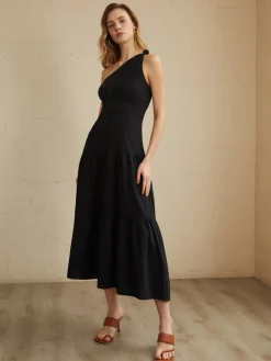 COMMENSE Asymmetric Shoulder Knotted Midi Dress* Black Dresses|Casual Dresses